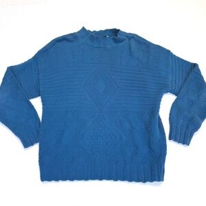 Vtg Bedford Fair Blue Knit Cotton‎ Diamond Pattern Mock Neck Sweater Medium